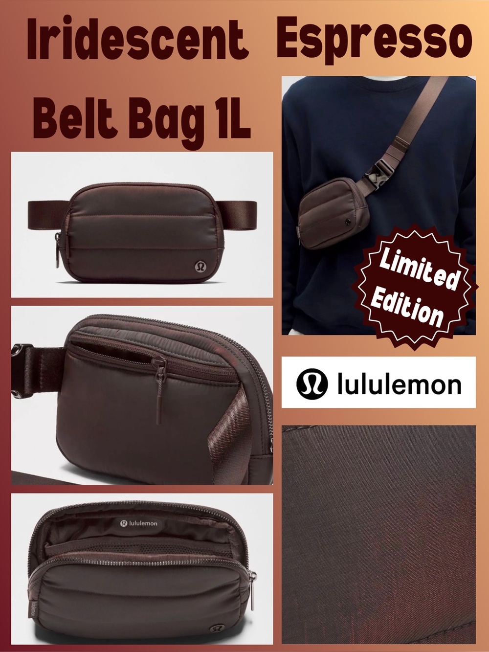 Lululemon Wunder Puff Iridescent Everywhere Belt Bag 1L - Heathered Espresso